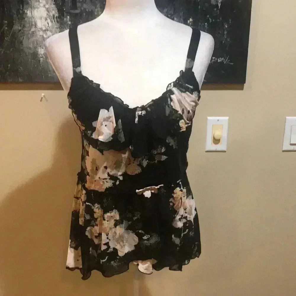 Black Floral Lace-Trim Cami Top